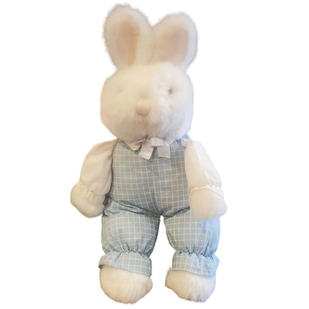Dakin White Rabbit Plush 14 Inch Blue Checkered Cloth Body 1989 Stuffed Animal
